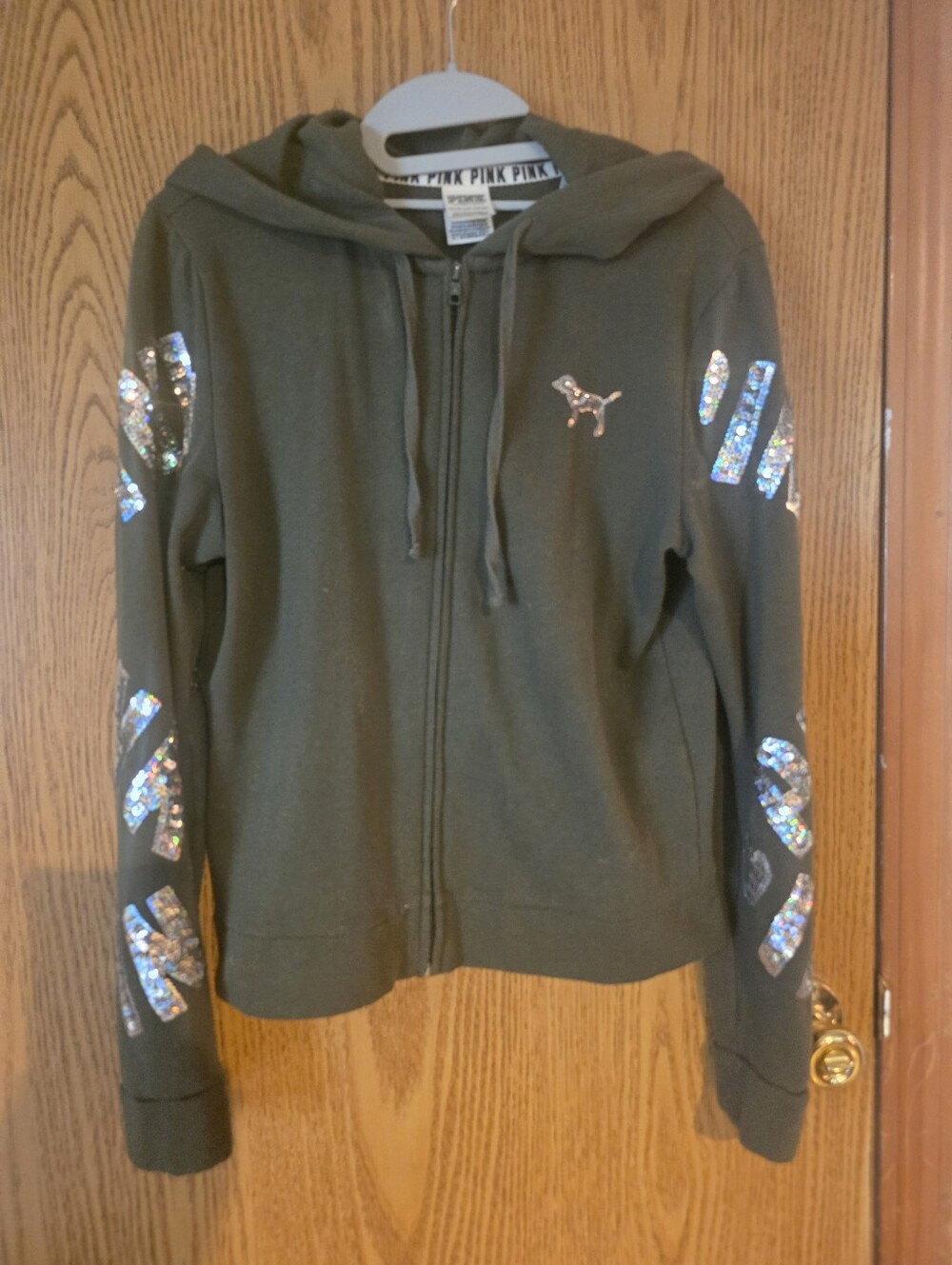 PINK Victoria's Secret Olive Green Sequin Logo Zip Hoodie